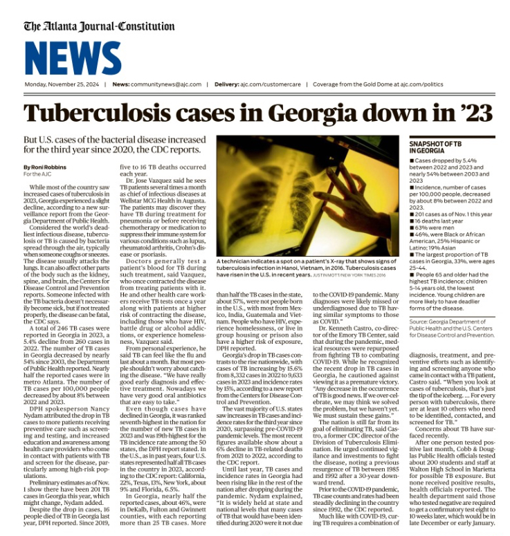 Tuberculosis cases in Georgia dropped in 2023, bucking the national trend